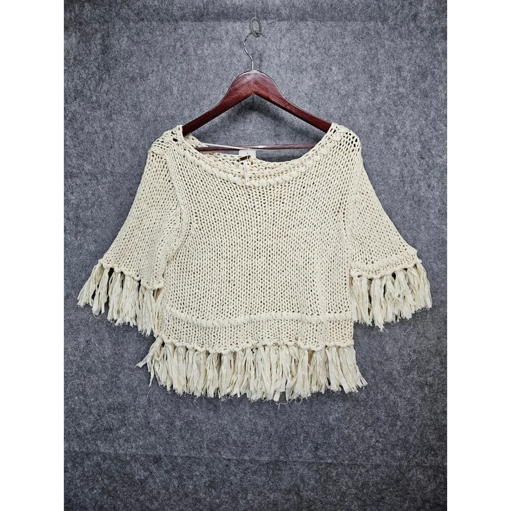 Free People Cream Crochet Knit Fringe‎ Crop Top Bohemian Festival